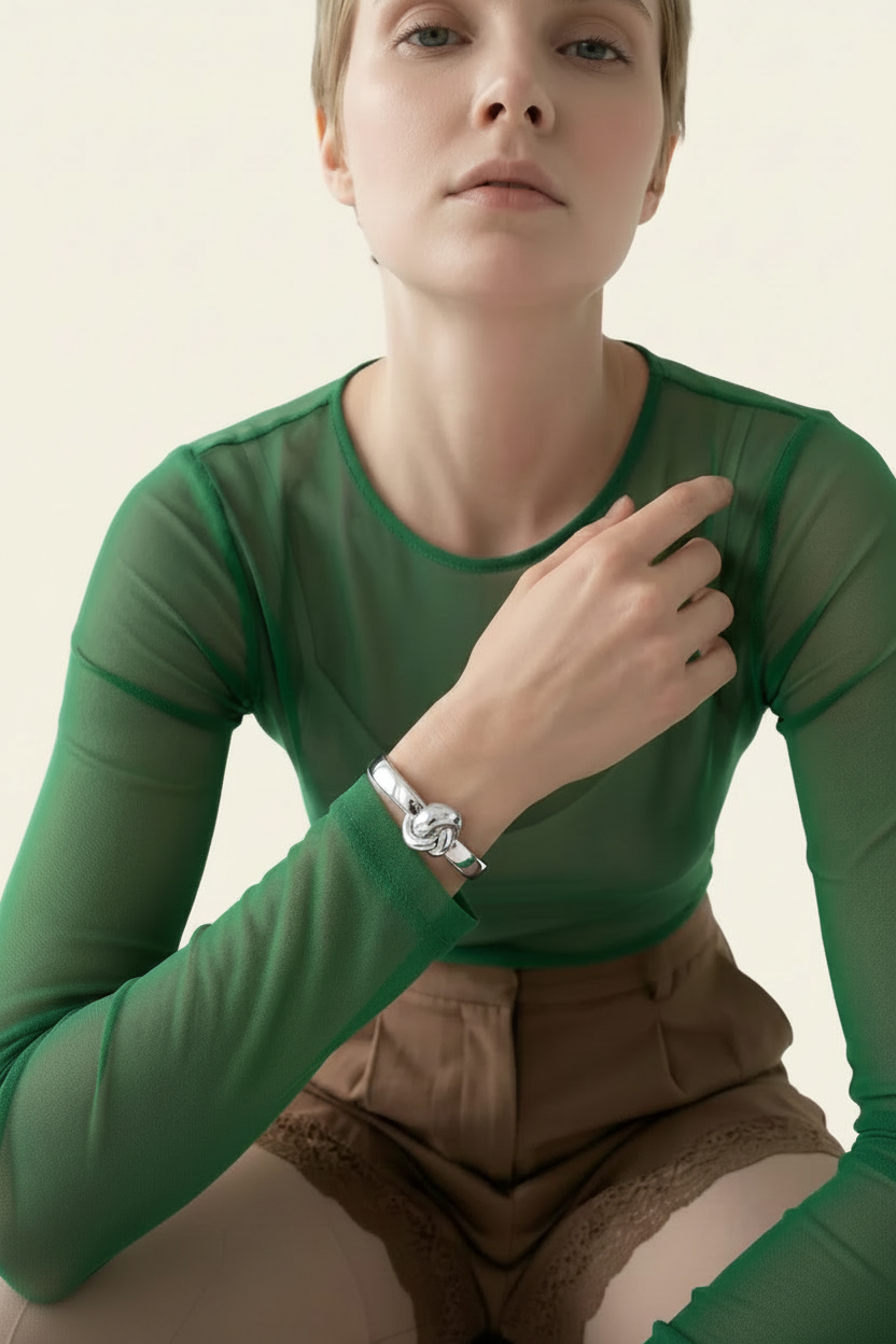 Knot Cuff Bracelet - Silver - Lifestyle Model Seated