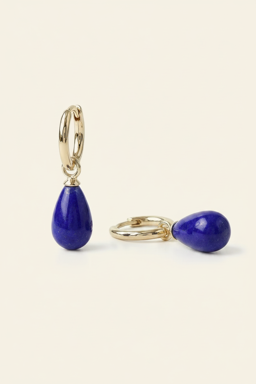 Azure Stone Hoop Earrings - Gold - Angled View