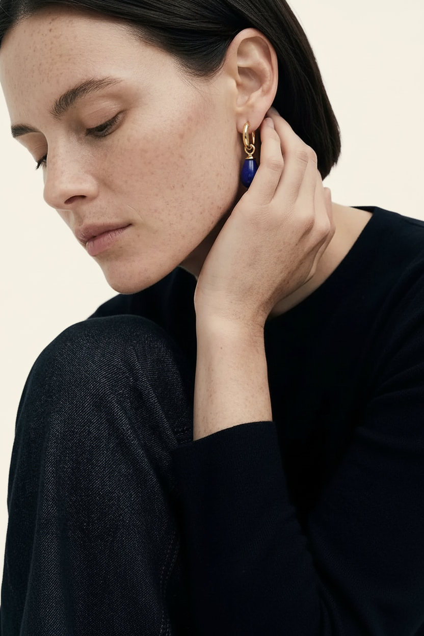 Azure Stone Hoop Earrings - Gold - Model Wear