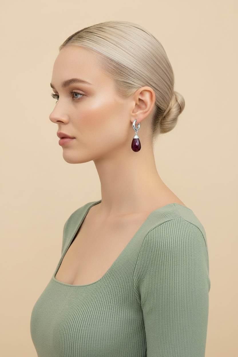 Garnet Huggie Drop Earrings - Silver - Model Side Profile
