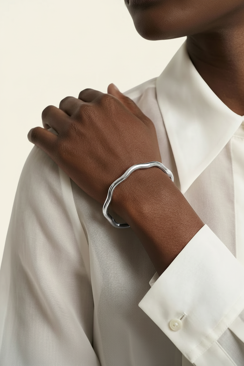 Ripple Cuff Bracelet - Silver - Lifestyle Hand on Shoulder