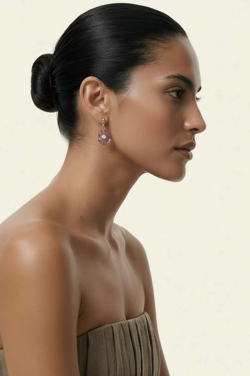 Quartz Petal Drop Earrings Rose Gold - Side Profile