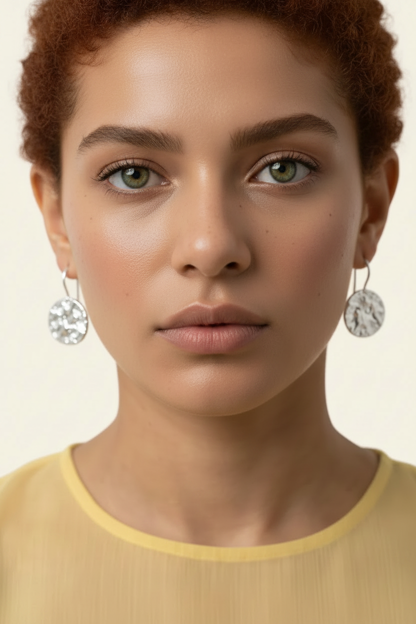 Lumière Coin Drop Earrings – Silver, model front portrait