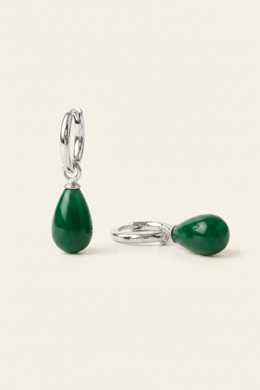 Terra Stone Drop Hoops - Silver - Angled View