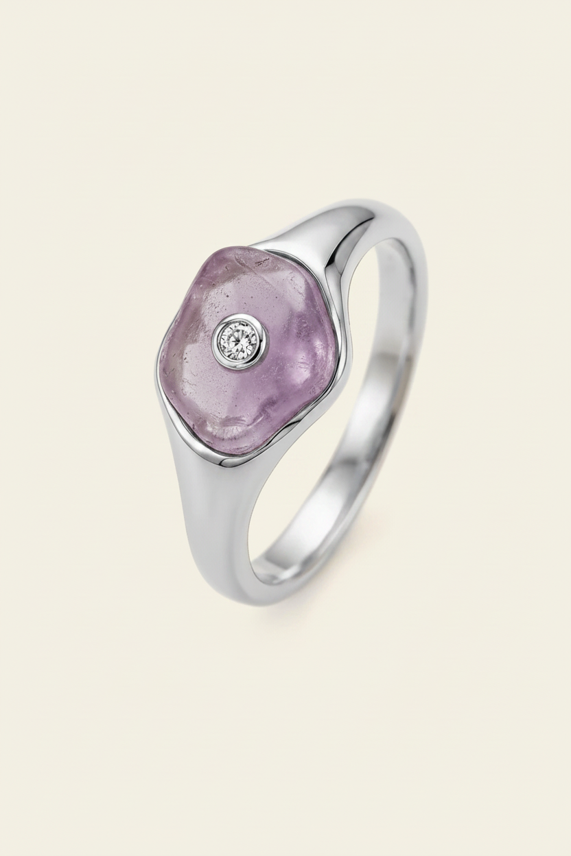 Violet Stone Signet Ring Silver - 3/4 Angle