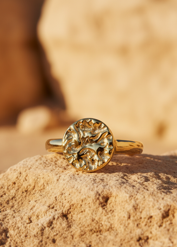 Molten Disc Signet Ring — Mediterranean Golden Hour Campaign