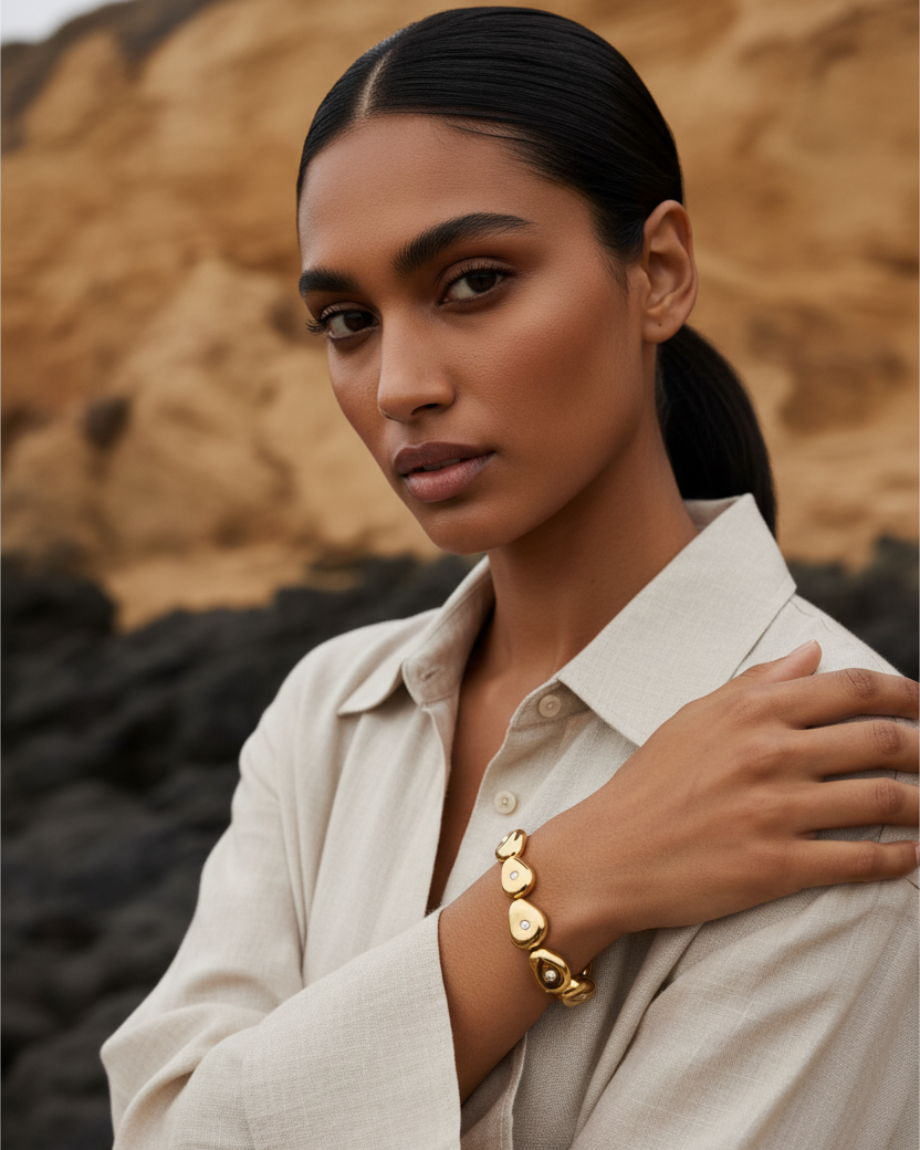 Organic Gold Pebble Bracelet with Model