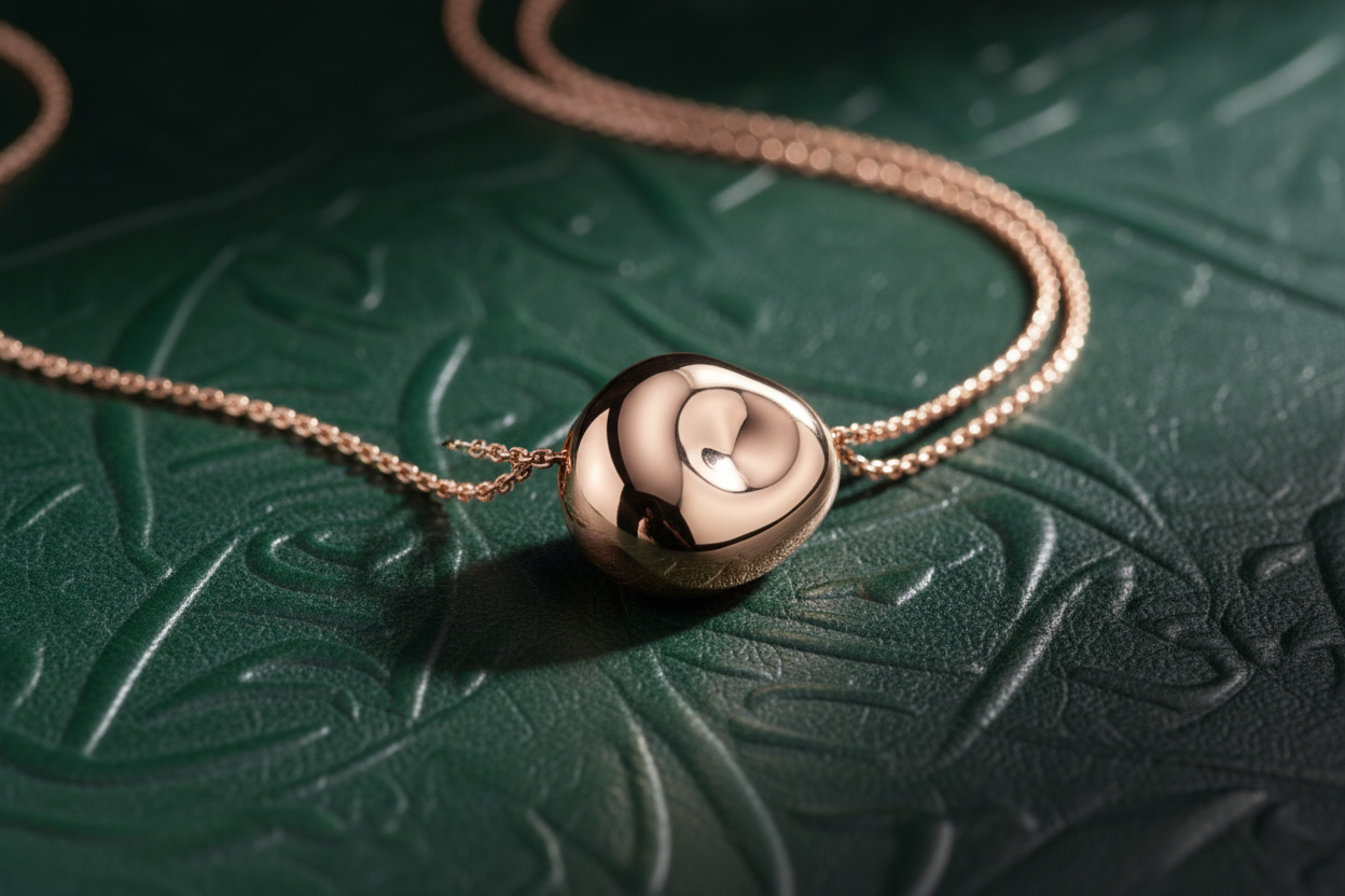 Rose Gold Pebble Pendant — Forest Green Leather