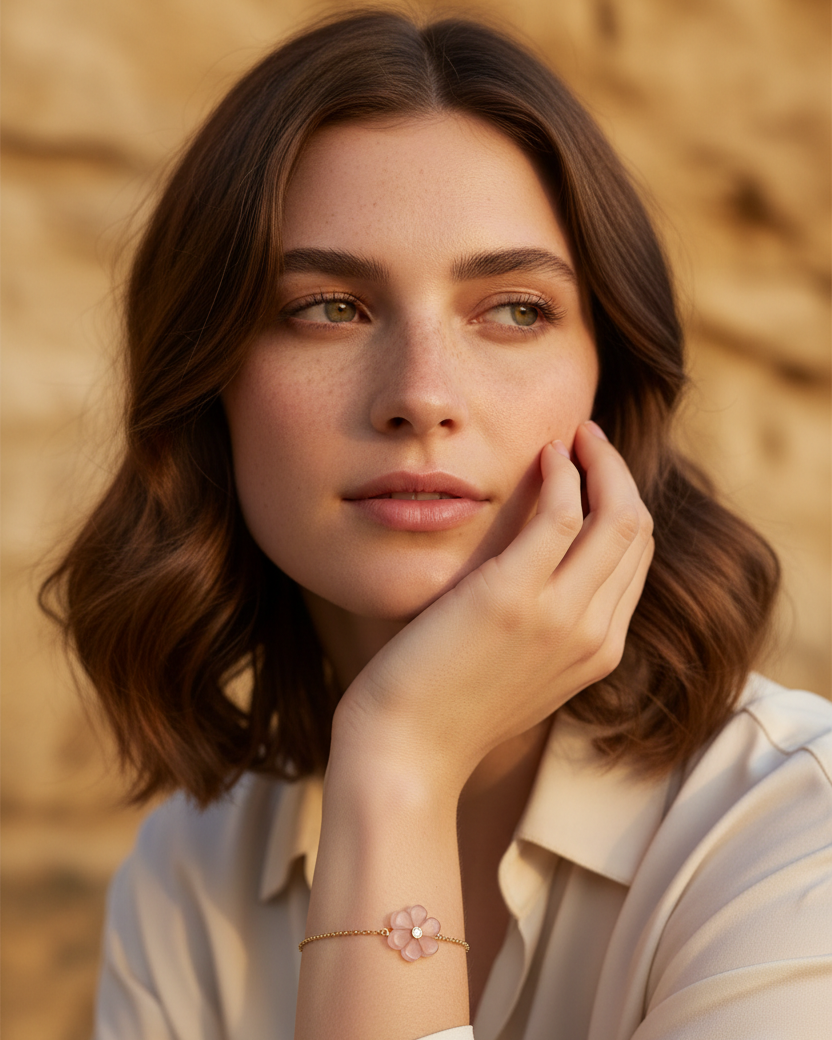 Rose Quartz Flower Bracelet with Model